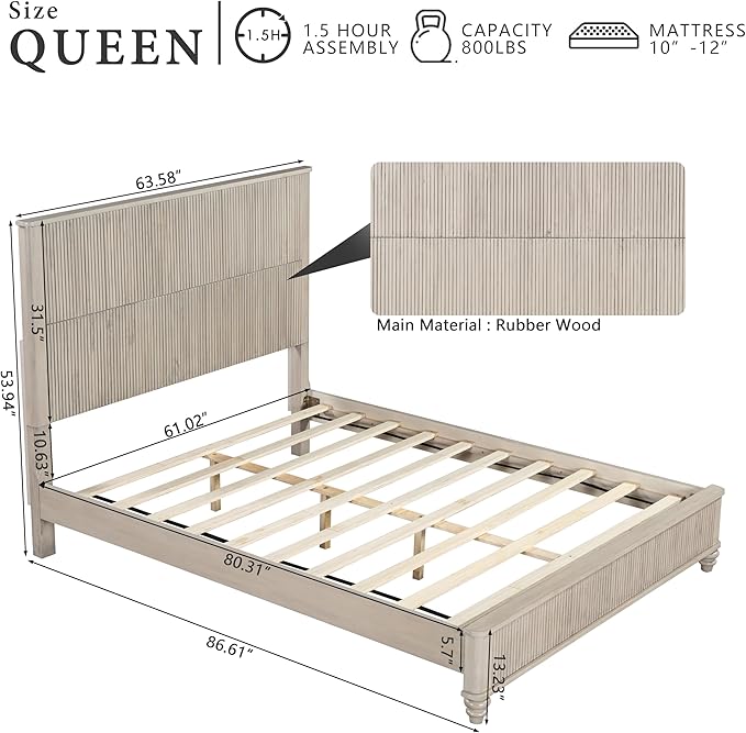 Queen Size Solid Wood Platform Bed Frame, Solid Wood Bed with 63.58" Headboard, Solid Wood Leg/No Box Spring Needed/Noise Free/Beige