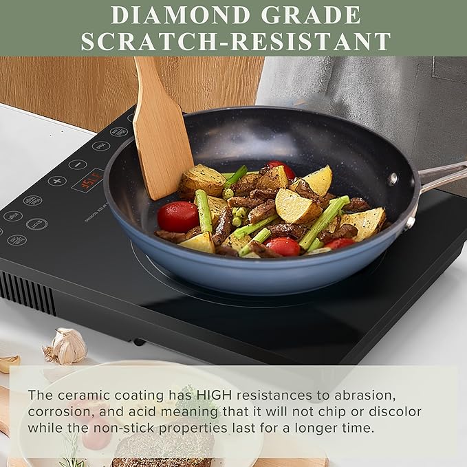 Nuwave Healthy Duralon Blue Ceramic Nonstick Cookware Set, Diamond Infused Scratch-Resistant, PFAS Free, Dishwasher & Oven Safe, Induction Ready & Evenly Heats, Tempered Glass Lids & Stay-Cool Handles