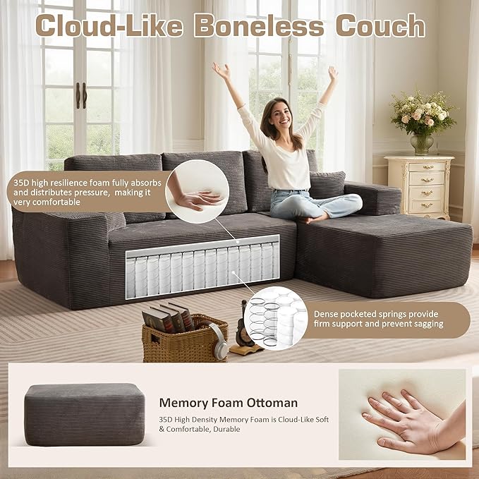 106" Cloud Sectional Couch with L-Shape Chaise & Ottoman, No Assembly Modular Sofa, Deep Seat Corduroy Boneless Couched for Living Room (Gray Stripe Corduroy, Right Facing Chaise with Ottoman)