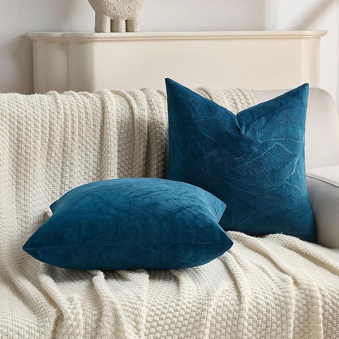 FUTEI Navy Blue Velvet Throw Pillow Covers 26x26 Inch Set of 2,Soft Embossed Leaf-Relief Textured Euro Pillow Shams,Natural Home Decor for Couch Living Room