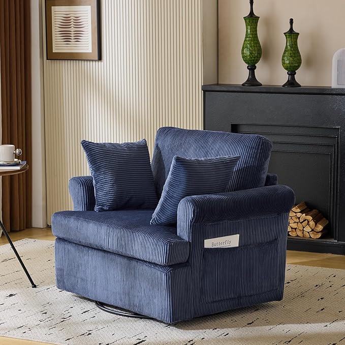 Karl home Swivel Accent Chair Set of 2, 39" Oversized Armchair W/2 Pillows and 4 Pockets,Modern Corduroy Barrel Chairs,Comfy Single Sofa for Living Room,Reading,Bedroom and Office-Dark Blue