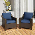 Outdoor Armchairs Set of 2, Patio Metal Wicker Conversation Furniture Set, Premium & Washable Cushions, Durable PE Rattan, Metal Armrests with Wood Grain, Backyard (Navy Blue)