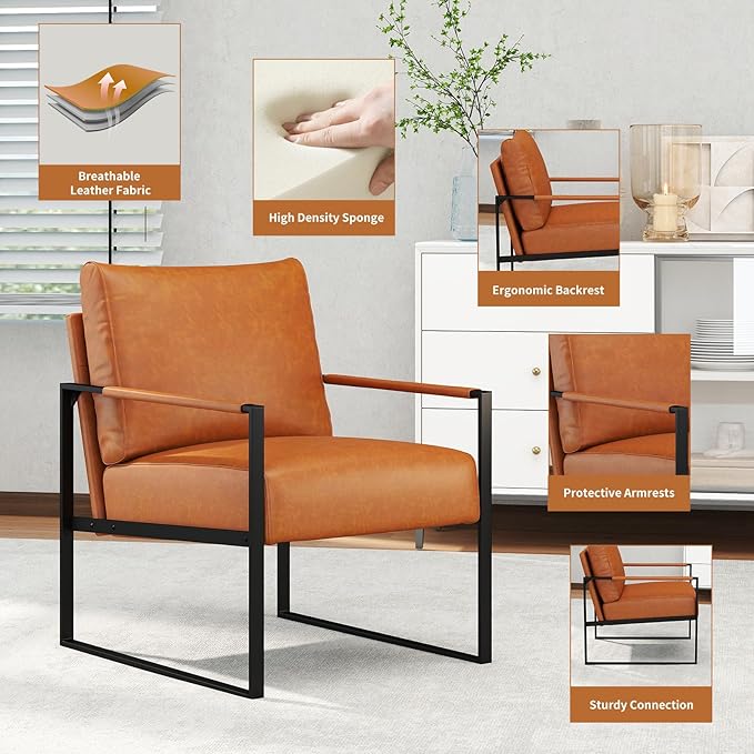 CANMOV Mid Century Modern Accent Chair, PU Leather Armchair with Metal Frame,Comfy Single Reading Chair with Soft Padded Backrest and Cushion for Living Room, Bedroom,Reading Room,Office,Brown
