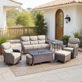 Belord Luxury 6" Thick Cushioned 7 Pieces Patio Furniture Set with Outdoor Couch, Wicker Outdoor Conversation Set with High Back Swivel Rocker Chairs for Deck Porch Yard and Poolside - Brown+Beige