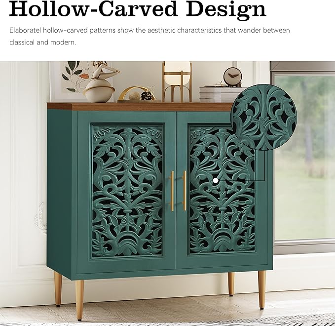 ARTPOWER Accent Cabinet with 2 Doors, Vintage Hollow Carving Buffet Cabinet, Sideboards and Buffets with Storage, Credenza for Living Room, Kitchen, Dining Room, Entryway, Hallway, Green
