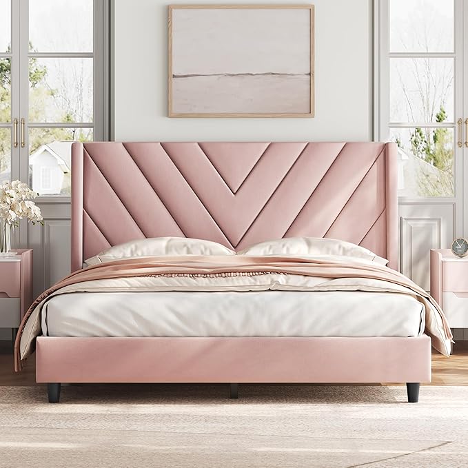 Yaheetech Queen Bed Frame Upholstered Platform Bed with Wing Side/Wooden Slat Support/Tufted Headboard with Wing Side/Mattress Foundation/No Box Spring Needed,Pink Queen Bed