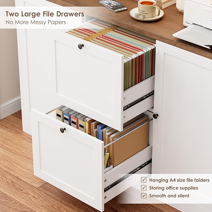 HIFIT 72'' Tall File Bookcase with Power Outlet & Printer Stand, 2 Drawer Filing Cabinets for Home Office Fit Hanging A4 File, Storage Cabinet w/ 3 Tier Open Book Shelf & Doors for Living Room, White