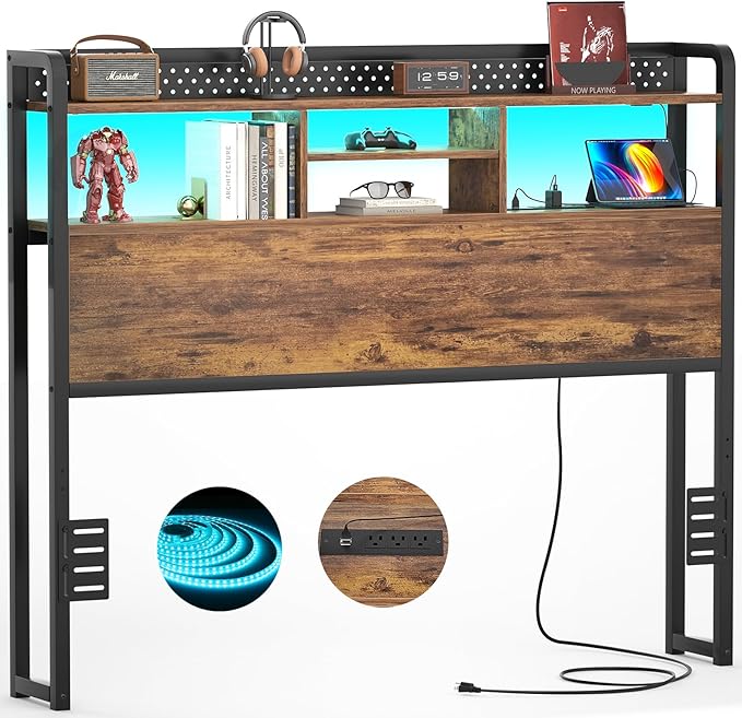 Unikito Headboard for Full Size Bed with Storage Shelf, Head Board with 3 Outlets and 2 USB Ports, Headboards with RGB LED Light, Height Adjustable, Sturdy and Stable, Easy Assembly, Rustic Brown