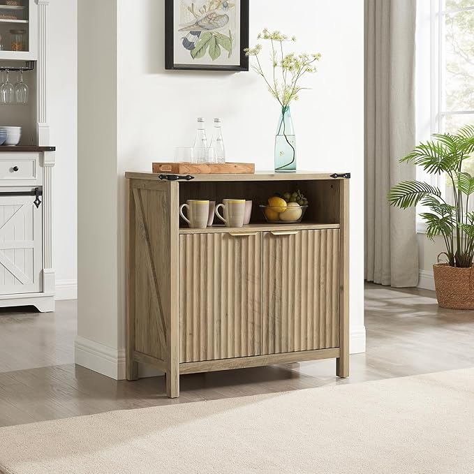 Buffet Cabinet with Storage - Modern Farmhouse Rustic 32 Fluted Sideboard Storage Cabinet Buffet with Adjustable Shelves, Coffee Wine Bar Organizer for Dining Room (Sunwashed Ash Oak)
