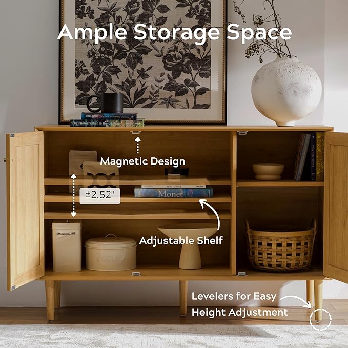 Rattan Storage Cabinet with 3 Doors, Boho Sideboard Buffet Cabinet Solid Wood Farmhouse Credenza Cabinet with Adjustable Shelves for Living Room Kitchen Entryway Hallway, Natural Oak