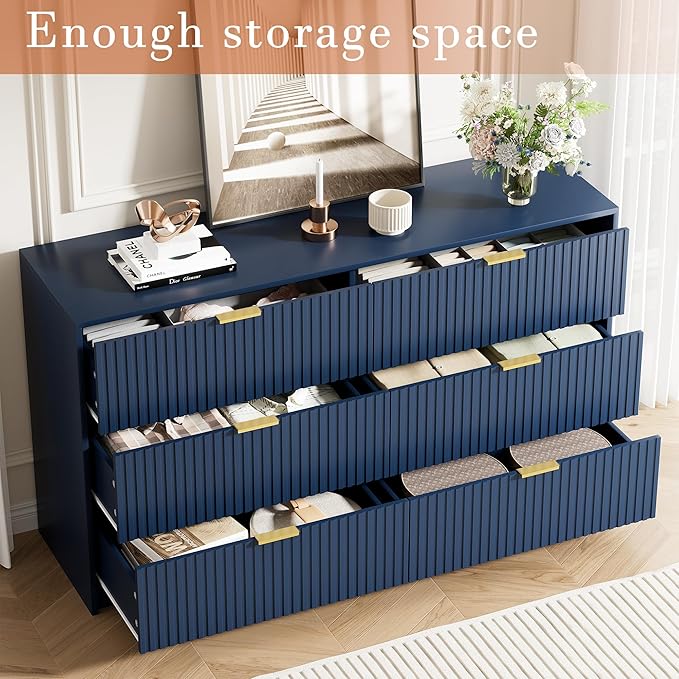 Navy Blue Dresser for Bedroom, Modern Dresser with 6 Drawers and Smooth Slides, Wide Chest of Drawers with Golden Handles for Bedroom, Living Room, Closet, 15.7" D x 55.1" W x 31.4" H