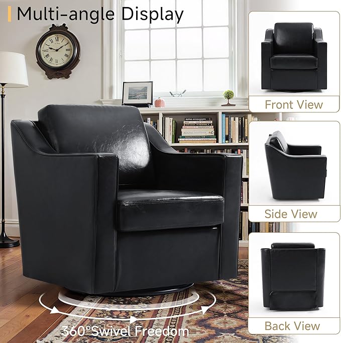 Pia Ricco 360° Swivel Accent Chair, Oversized Modern Faux Leather Armchair with Removable Cover for Living Room and Reception,Black