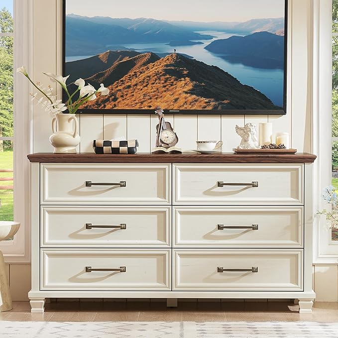 Farmhouse Bedroom Dresser and Nightstand Set of 4, 6 Drawer Tall & Low Dresser & 3 Drawer Nightstand Set with Wooden Legs, Rustic Wood Bedroom Furniture Sets for Livingroom, Hallway, White
