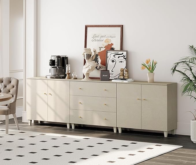 WAMPAT Sideboards Buffet Cabinet, 3-in-1 Wood Wide Credenza Storage Cabinet with Doors and Drawers, Modern Kitchen Coffee Bar Table with Storage for Living Room Dining Room, Beige Linen