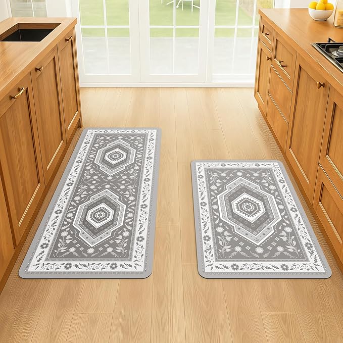 ArtyCozy 2 Piece Boho Kitchen Rug Set, Non-Slip Super Absorbent Kitchen Mats for Floor with Rubber Backing, Stain Resistant Runner for Hallway Laundry Holiday Decor, Grey, 20" × 32'' Plus 20'' × 47''
