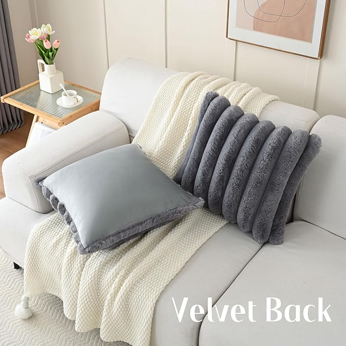 FUTEI Grey Decorative Throw Pillow Covers 18x18 Inch Set of 2, Square Soft Faux Rabbit Fur Thick Striped Cushion Cover,Winter Home Decor for Couch Bed Living Room