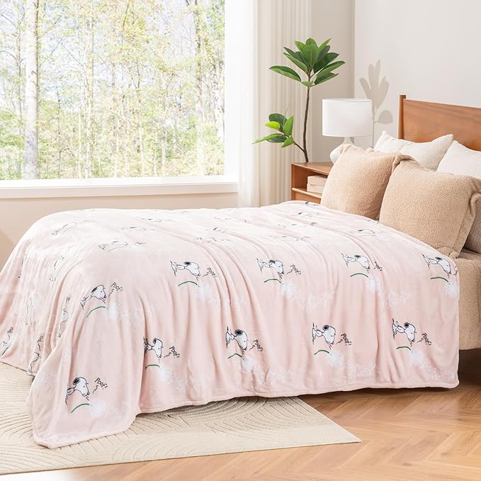 Berkshire Blanket Peanuts® VelvetLoft® Cute Character Snoopy Plush Blanket,Make a Wish Spring Pink,Full/Queen 90 in x 90 in (Official Peanuts® Product)