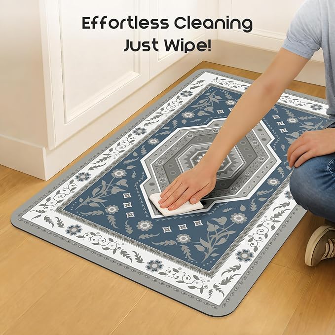 ArtyCozy 2 Piece Boho Kitchen Rug Set, Non-Slip Super Absorbent Kitchen Mats for Floor with Rubber Backing, Stain Resistant Runner for Hallway Laundry Holiday Decor, Blue, 20" × 32'' Plus 20'' × 47''