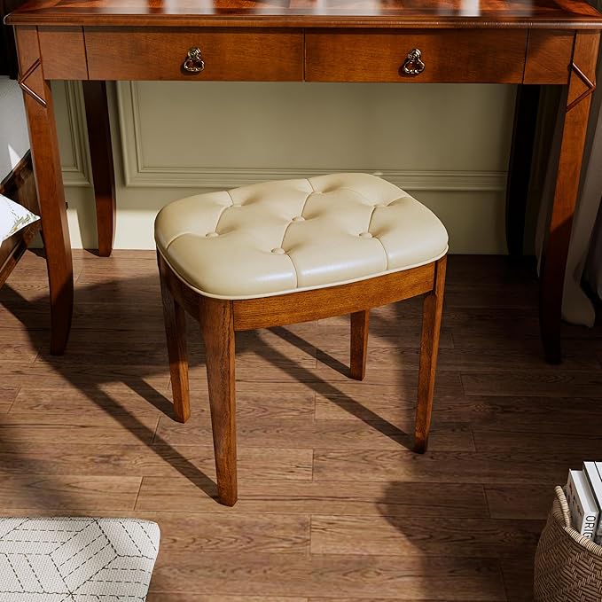 MODERION Vanity Bench with Upholstered, Modern Luxury Wood Stool ,Ottoman Shoe Bench for Living Room, Vanity, Entryway, 19.3"L x 14.9"W x 19.3"H Easy Assembly, Beeswax Leg & Cream Beige Seat FD-HNY-BG