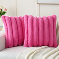 FUTEI Hot Pink Decorative Throw Pillow Covers 26x26 Inch Set of 2, Square Soft Faux Rabbit Fur Thick Striped Euro Pillow Shams,Winter Home Decor for Couch Bed Living Room