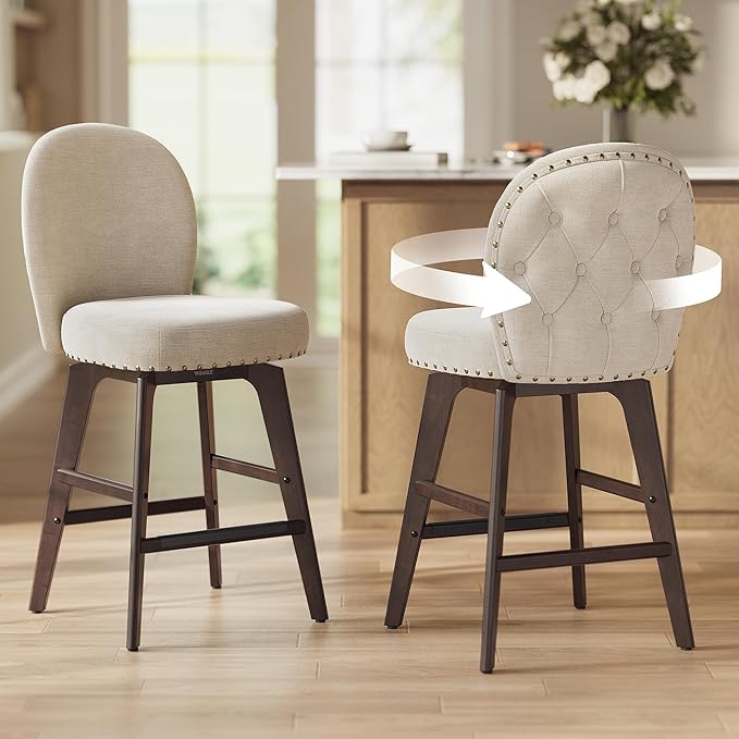 VASAGLE Bar Stools Set of 2, Swivel Counter Height Bar Stools with Back and Wood Legs, Chenille Fabric Upholstered Barstools, 26.2-Inch Tall Counter Barstools for Kitchen Island, Cappuccino Beige