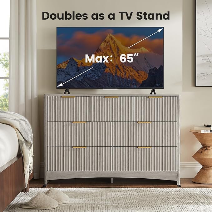 Amada Modern 7 Drawer Dresser, Fluted Wood Chest of Drawers with Rounded Corners, Pre-Installed Drawer Slides, Dresser TV Stand and Storage Organizer for Bedroom, Hallway, Grey