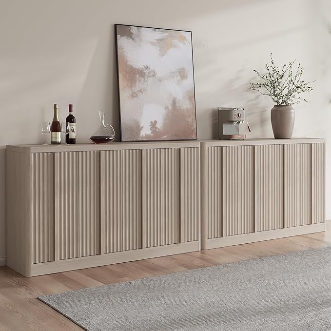 Fluted Buffet Cabinet with Storage, 120" Sideboard Buffet Cabinet with 8 Door-Modern Credenza Storage Cabinets with Adjustable Shelves, Solid Wood Handles for Kitchen, Living Room, White Alder(2PC)