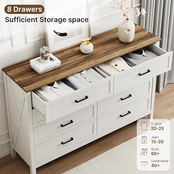LYNSOM Farmhouse 8 Drawer Dresser for Bedroom, 55 Inch Wide Wood Rustic Chest of Drawers with X-Marking & Bar Handle, Large Storage Dressers Organizer for Bedroom, Living Room, Antique White