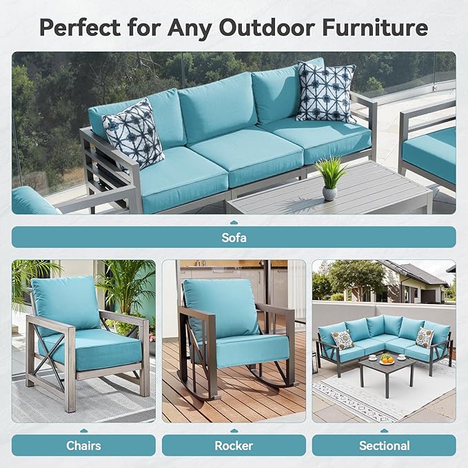 Luxury 6" Outdoor Cushions for Patio Furniture, 24x24x6" Thick Seat Cushion Set of 9, Fade Resistant Couch Chair Replacement Cushions High Density Deep Wicker Chair Cushion w/ Removable Cover, Teal