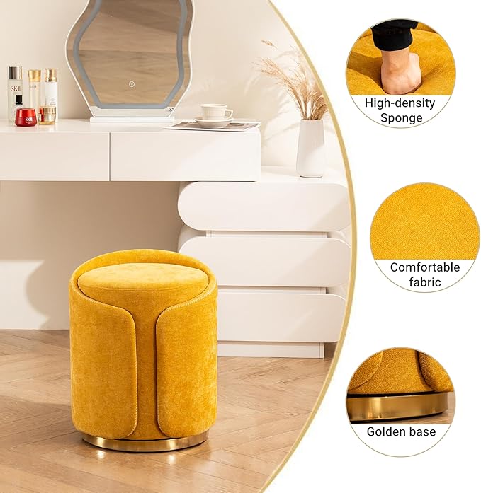 Swivel Vanity Stool with Gold Base Comfy Vanity Chair Modern Round Stool for Makeup Vanity Ottoman Foot Rest for Bedroom livingroom (Yellow)