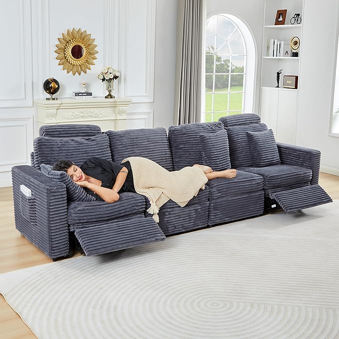 ORRD Power Reclining Sectional Sofa, Electric 4 Seat Recliner with 2 Electric Footrest and Adjustable Headrest, Modern Plush Corduroy Fluffy Modular Sectional with Deep Seat for Living Room-Blue Grey