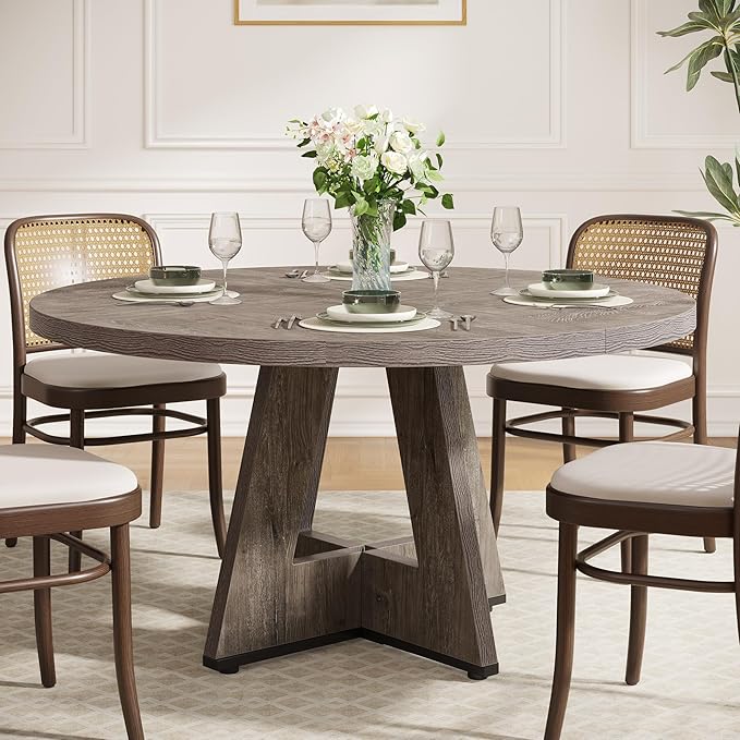 Tribesigns Round Dining Table for 4, 47 inch Farmhouse Circle Kitchen Table with Wooden Pedestal Base for Kitchen, Dining Room, Living Room (Grey)