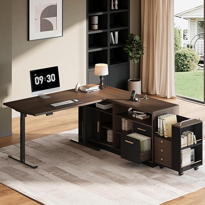 67" L-Shaped Electric Standing Desk with File Cabinet, 1.18" Desktop, Adjustable Height Executive Table, Stand Up Desk with 3 Drawers Rolling Filing Cabinet, for Home and Office, Black Walnut