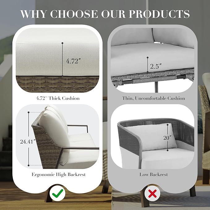 4 Piece Patio Furniture Set, All-Weather Wicker Outdoor Conversation Set with 4.72" Olefin Thick Cushions – 3-Seat Sofa, 2 Armchairs & Coffee Table for Deck, Porch, Balcony, Backyard, Beige