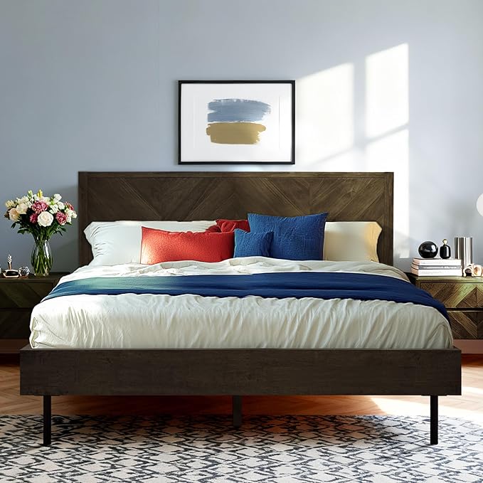 Acacia Alander Bed Frame Queen Size with High Headboard Solid Wood Platform Bed, Tall Headboard Natural Wood Bed Compatible with All Mattresses, Quick & Easy Assembly, No Box Spring Needed, Mocha
