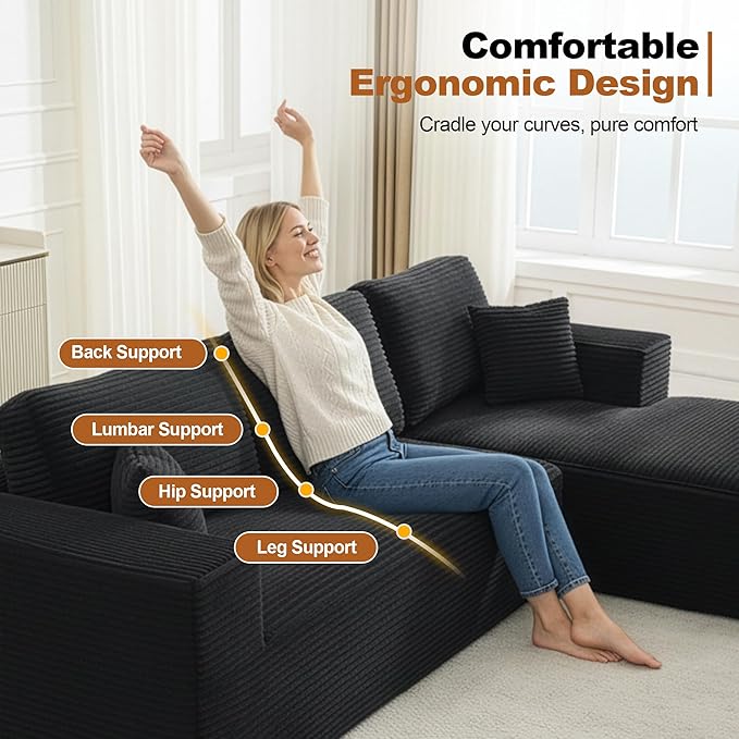 106" Cloud Modular Sectional Sofa Couch,L-Shape Modern Boneless Sectional Couch with Deep Seat,Upholstered Couches for Living Room Bedroom,No Assembly Required,Black