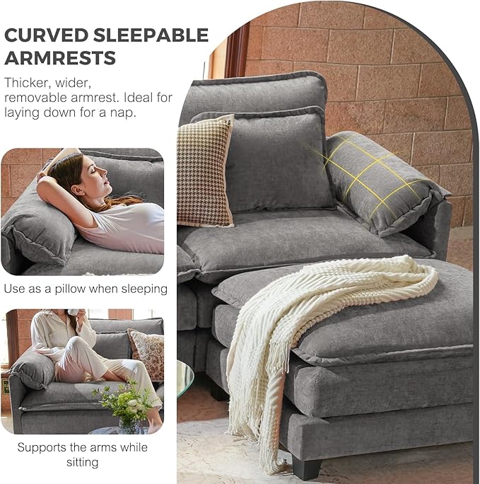 ELUCHANG Oversized 116" Modular Sectional Sofa, Comfy Cloud Couch, U Shaped Deep Seat Sofa Couches for Living Room, 5-Seater Modern Sofa with Movable Ottoman, DIY Combination - Chenille Light Grey