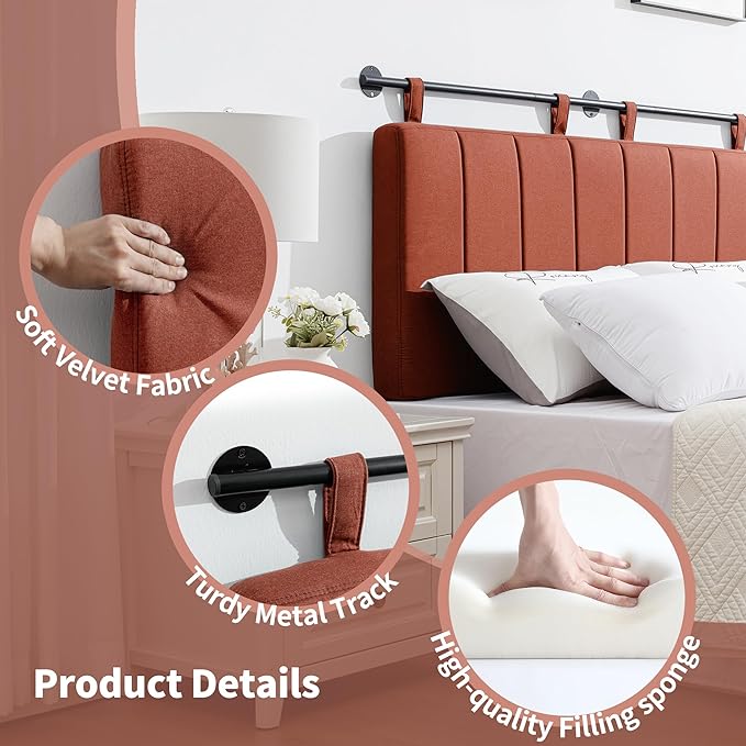 UEV King Headboard Only, Wall Mounted Hanging Upholstered Bed Head Board, Modern Vertical Channel Design of Fine Linen, Elegant Orange Fluted Headboard for Bedroom (Orange, King Size)