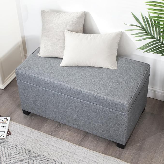 Adeco 31 Inches Storage Ottoman Bench, Non-Folding End of Bed Foot Rest Stools Ottoman with Thicker Foam Padded Seat, Upholstered Storage Chest for Living Room, Entryway, Bedroom