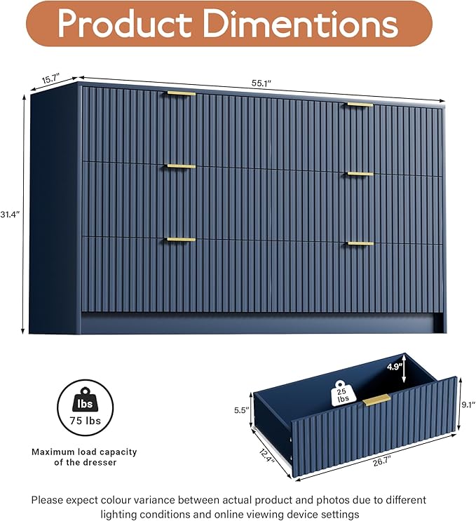 Navy Blue Dresser for Bedroom, Modern Dresser with 6 Drawers and Smooth Slides, Wide Chest of Drawers with Golden Handles for Bedroom, Living Room, Closet, 15.7" D x 55.1" W x 31.4" H