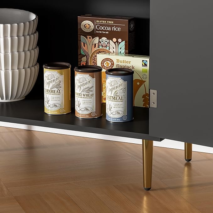Buffet Sideboard Cabinet [Set of 2] with 4 Doors, Modern Cabinet with with Adjustable Shelf, Golden Handles & Legs, Coffee Bar Sideboard for Kitchen, Living Room, Black