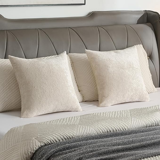 FUTEI Cream Flannel Throw Pillow Covers 26x26 Inch Set of 2,Soft Dimensional Textured Euro Pillow Shams,Modern Home Decor for Couch Living Room