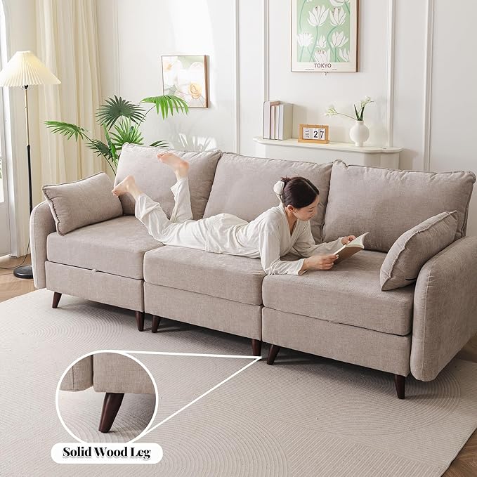 104'' Modular Sectional Sofa with All Seats Storage, Oversized L Shaped Couch for Living Room,3-Seater Comfy Cloud Couches with Movable Ottoman,Big Sectional for Bedroom,Velet,Khaki