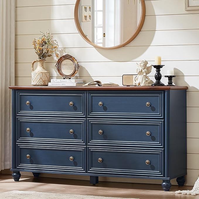 6 Drawers Dresser for Bedroom, Farmhouse 54" Wide Wood Dressers Chest of Drawers, Vintage Design TV Stand, Rustic Storage Dresser Organizer with Metal Handle Closet for Living Room, Hallway