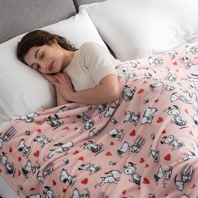 Berkshire Blanket Peanuts® VelvetLoft® Cute Character Snoopy Plush Blanket,Poses and Hearts Blush,King 90 in x 108 in (Official Peanuts® Product)