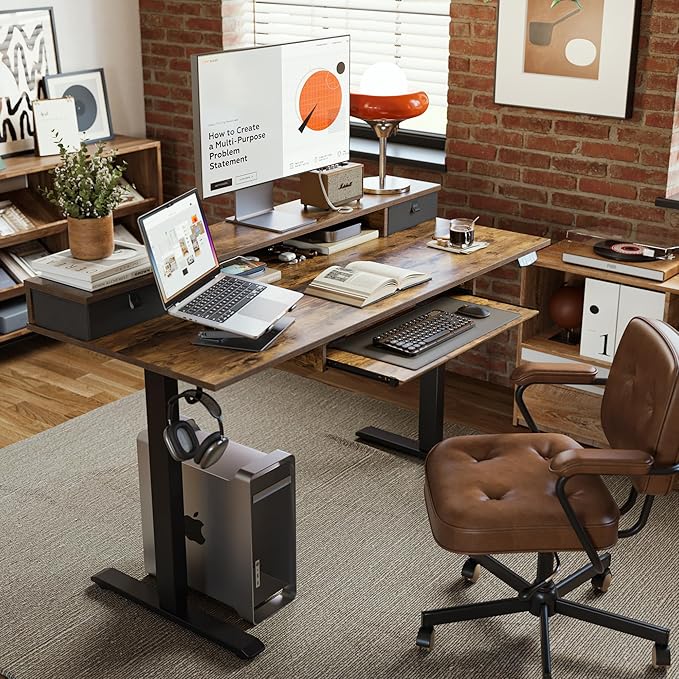 Agilestic Electric Standing Desk with 2 Drawers and Keyboard Tray, 55 x 24 Inches Ergonomic Adjustable Height Desk with Storage, Sit Stand up Computer Workstation, Rustic Brown