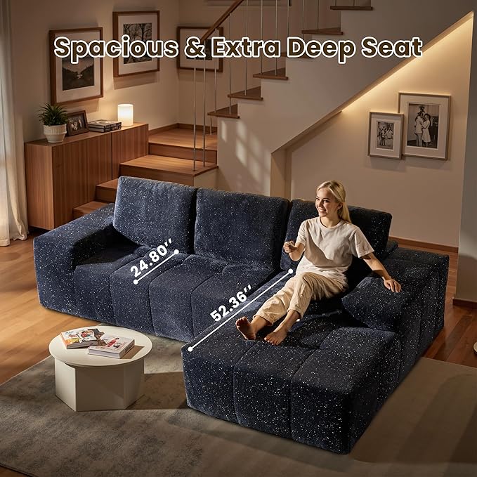 114" Glitter Cloud Sectional Couch with L-Shape Chaise, Modern Boneless Couches for Living Room, Fluffy Tufted Deep Seat Modular Sofa in a Box No Assembly