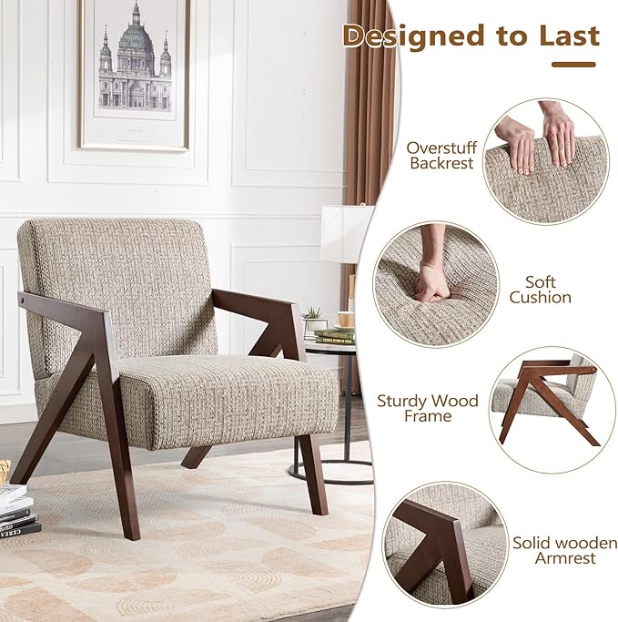Bonzy Home Mid-Century Modern Accent Chair Set of 2 with Solid Wood Frame, Upholstered Armchair for Bedroom & Living Room, Reading Side Chair with Soft Lien Fabric Cushion,Easy Assembly,Light Grey