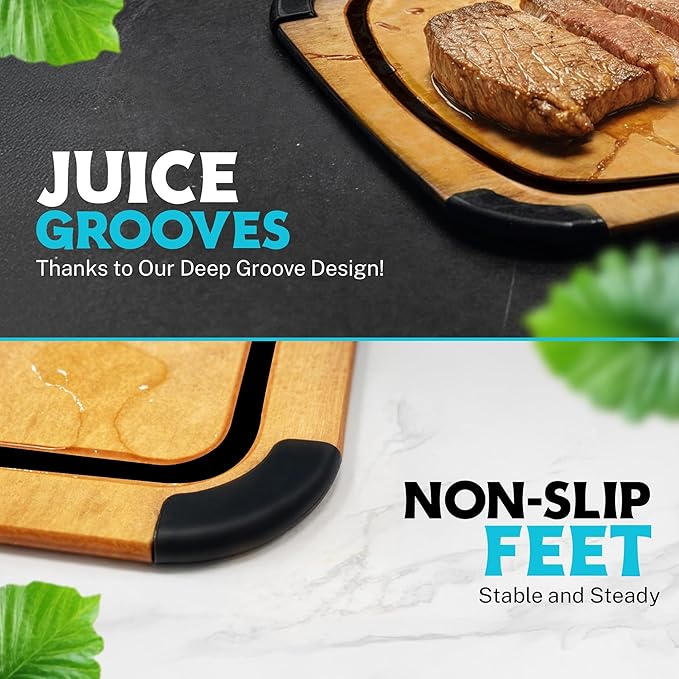 Dishwasher Safe Cutting Boards for Kitchen Set - Large Composite Wood Cutting Boards (14.5" x 11" & 11.7" x 9.3") Non-Slip & Juice Groove - Thin & Lightweight Eco-Friendly - Natural w Black Grooves