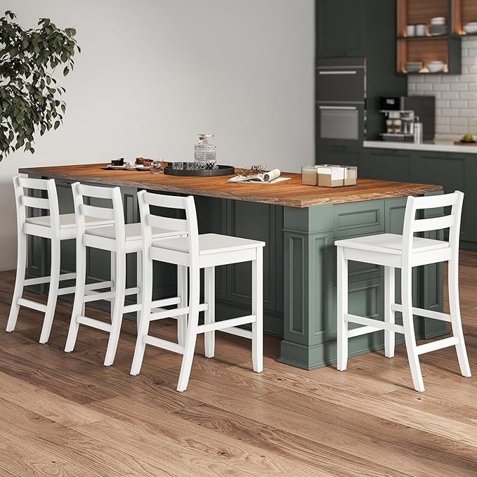 COSTWAY Wooden Bar Stools Set of 4, 24-Inch Counter Height Stools with Ergonomic Backrest & Footrest, Farmhouse High Dining Chairs for Kitchen Island, Pub, Cafe (4, White)